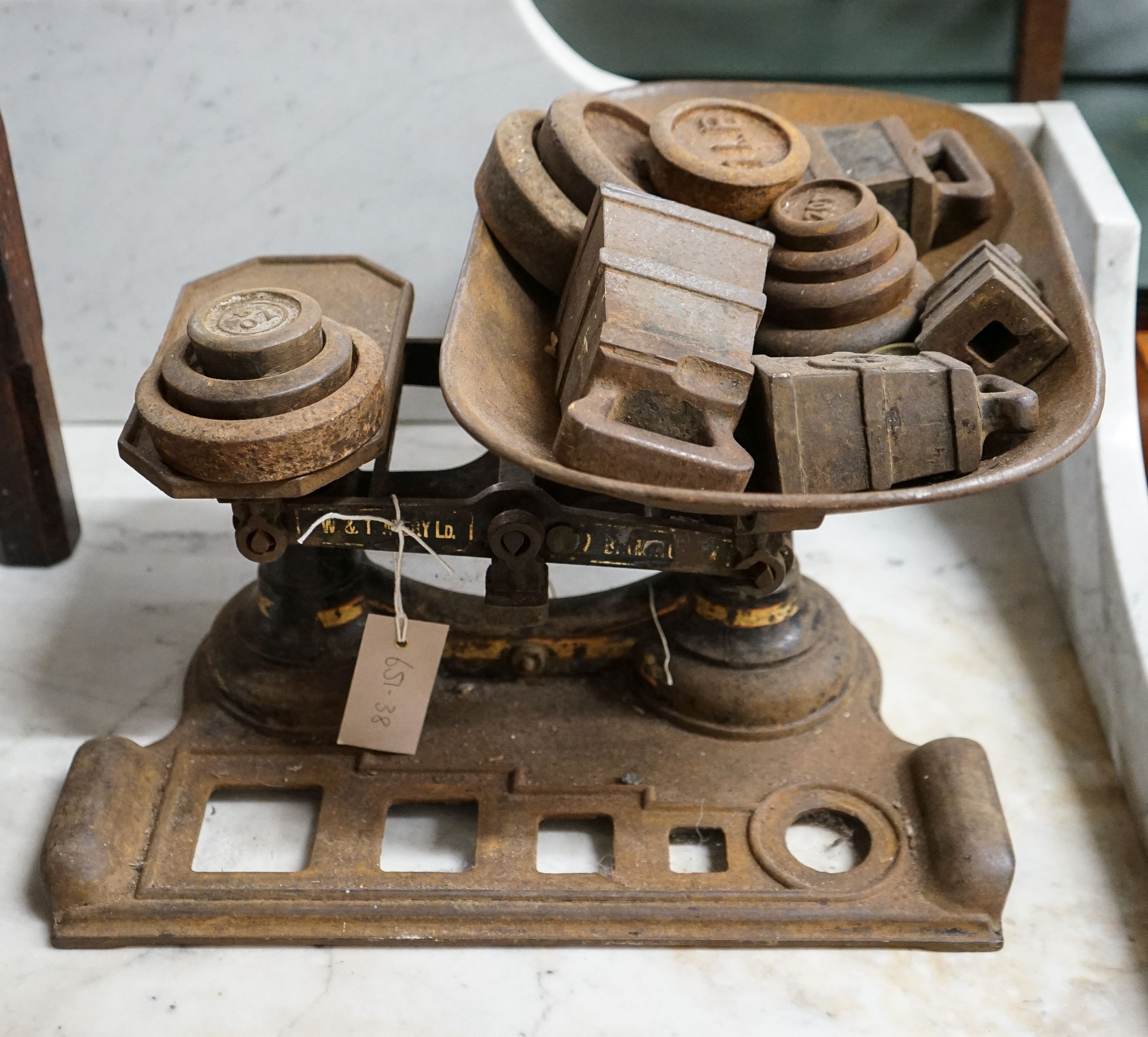A set of Avery scales, width 40cm and weights, together with additional weights